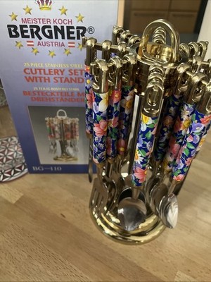 Besteckteile mit Drehständer 25 Teile Blumen Design Griff Bergner Austria