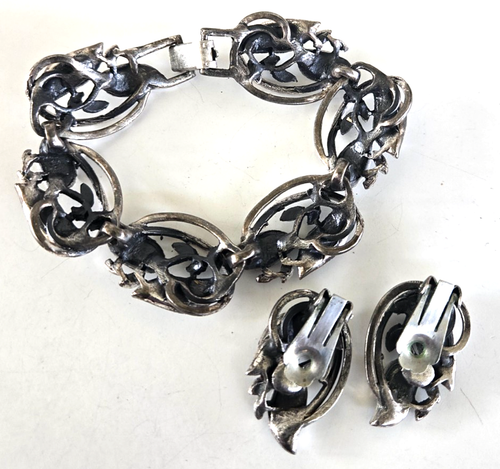 Set orecchini vintage pannello link foglie vite tono argento bracciale 7-5/8" e clip - Foto 4 di 9
