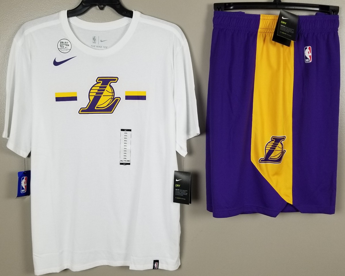 NIKE NBA LAKERS バスケットボールシャツSize XXL NIKE LA LAKERS TEAM-ISSUED OUTFIT SHIRT +SHORTS WHITE PURPLE RARE