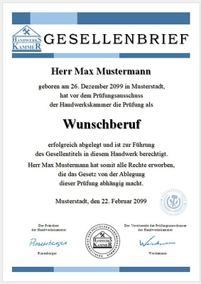 Gesellenbrief mit Wunschberuf, Gesellentitel, Gesellenurkunde - UK-10627