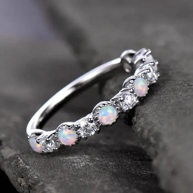 Elegant White Gold Plated Fire Opal and CZ Eternity Wedding Band in Sterling Silver-image