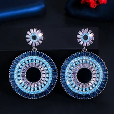 Blue Purple Cubic Zirconia Big Long Round Dangle Drop Earrings for Women Costume