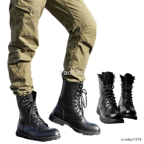 Men Lastest Black Combat Faux Leather Military Ankle Boots Lace Up Shoes SZ 5-11 - Foto 3 di 23