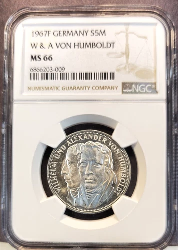 1967 GERMANY SILVER 5 MARK W & A VON HUMBOLDT NGC MS 66 RARE TOP POP 1