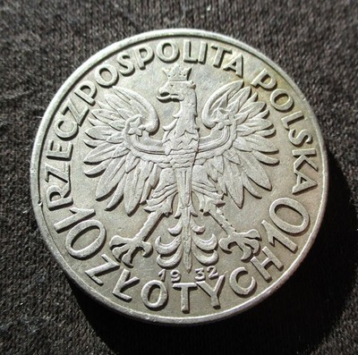 BIG OLD SILVER 10 ZLOTYCH 1932 COIN OF POLAND ~ JADWIGA SECOND