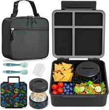 Kids Bento Lunch Box with 9oz Thermo Jar 4 Compartment Utensils Bag Black Game