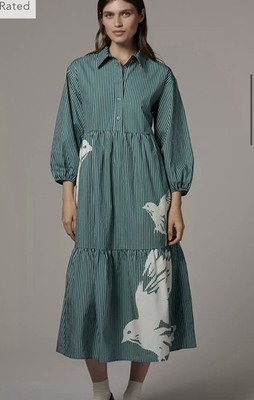 Anthropologie The Bettina Tiered Shirt Dress Birds Stripe Green Stripe 1X NWT