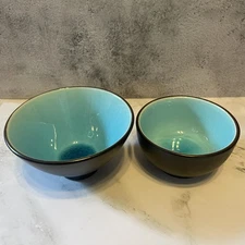 Retro Ceramic Footed Black Rice Bowl & Small Bowl Blue Crackle Glaze Set of 2 