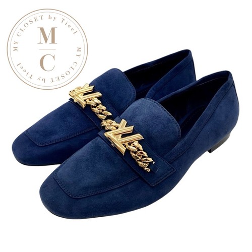 Louis Vuitton Loafers Navy Blue Suede With Gold Chain Size 36.5 US Abt5.5 Women