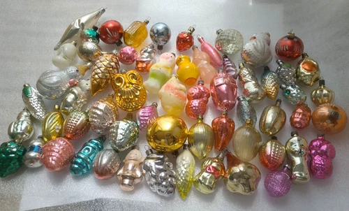 60 Vintage Glass Christmas Ornament Xmas USSR Antique Big Set of Decorations