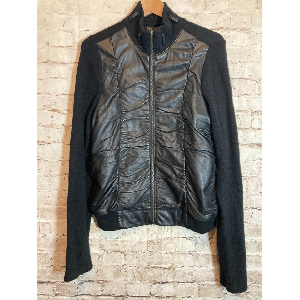 Chaqueta XCVI Mujer Grande Cuero Negro Angora y Lana Cápsula Minimalista Acanalada Foto 2 de 4