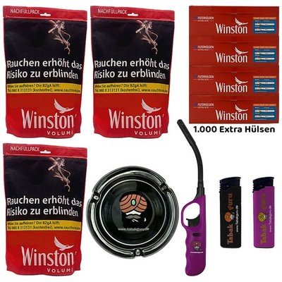 Winston Red/Rot Volumentabak Beutel 3x 185g, Extra Hülsen, Glasascher, Zubehör