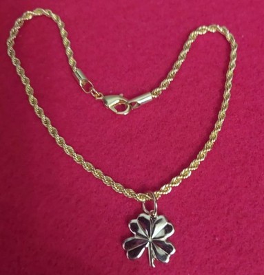 MENS 10 1/2 INCH 14KT GOLD PLATED FOUR LEAF CLOVER CHARM W/ 2.5MM ROPE ANKLET-A2