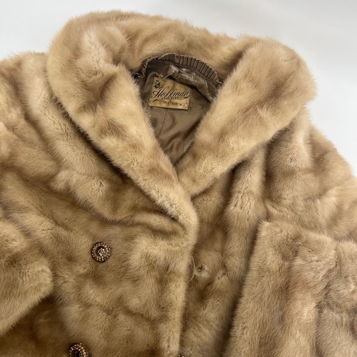 Vintage Hoffman Fine Furs Blonde Mink Fur Coat Shawl Collar Rhinestone Buttons