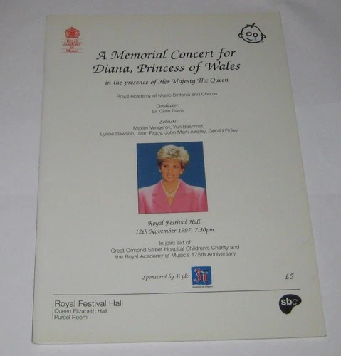 A MEMORIAL CONCERT FOR DIANA, PRINCESS OF WALES.ROYAL FESTIVAL HALL. PROGRAMME.