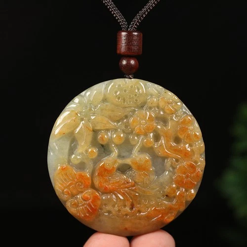 Certified Grade A Red Green 100% Natural Jadeite Jade Pendant Flower Bird 91341