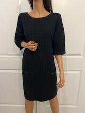 Authentic CHANEL Black Textured Knit Shift Dress CC Buttons Pockets IT 42