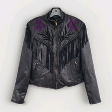 WOMENS VINTAGE BLACK LEATHER FRINGE MOTORCYCLE JACKET PURPLE FLOWERS SIZE 14