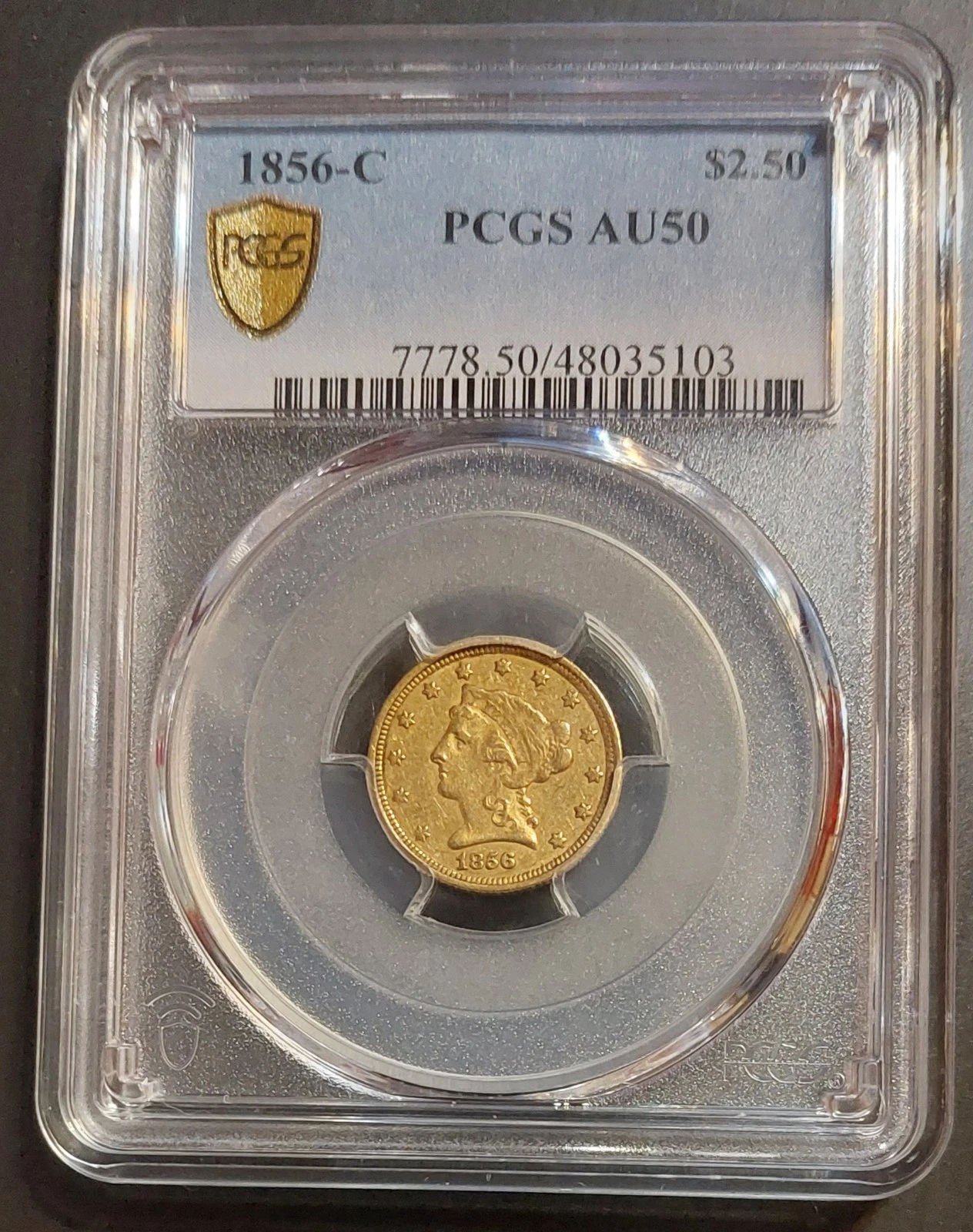 ✰ 1856-C Charlotte Mint $2.50 GOLD 1/4 Eagle Coin PCGS AU50 ✰ Est Survival: 95 ✰