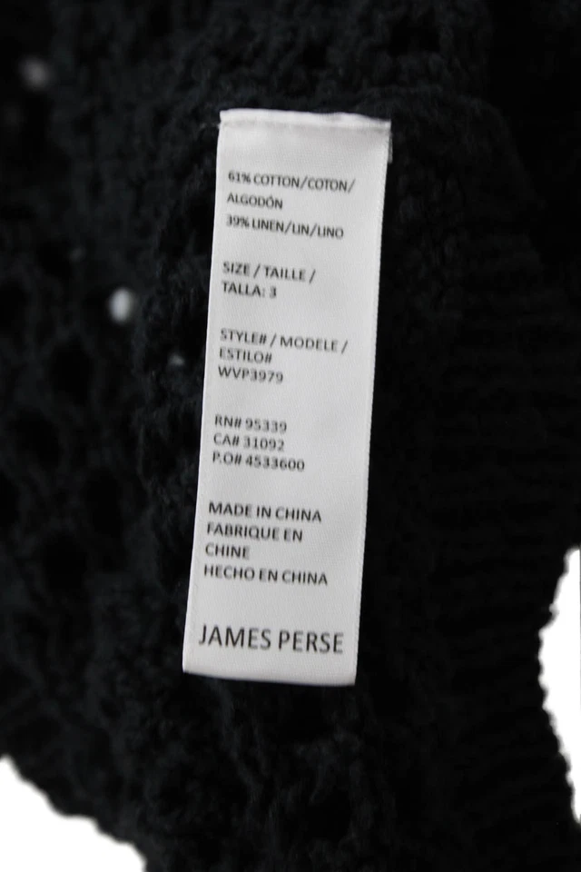 Suéter James Perse para mujer manga larga cuello en V tejido abierto negro algodón talla 3 Foto 4 de 4