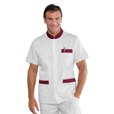 ISACCO Koreanischer Kasack KORFU' Halbarm Unisex aus weißem Poly-Bordeaux + Bordeaux