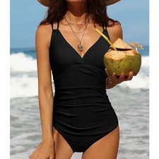 Charmo 3X Black One Piece Swimsuit Crossback Ruched Tummy Control Plus Size