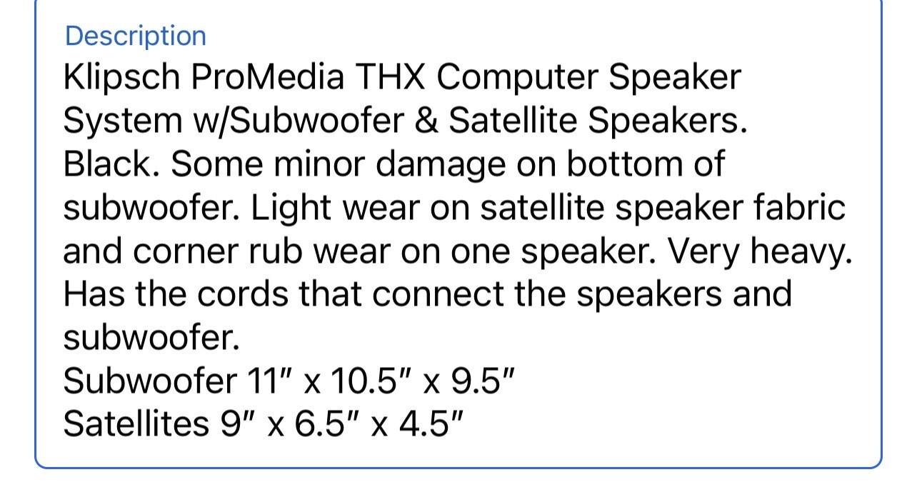 Klipsch ProMedia THX Computer Speaker System w/ Subwoofer & Satellite Speakers eBay