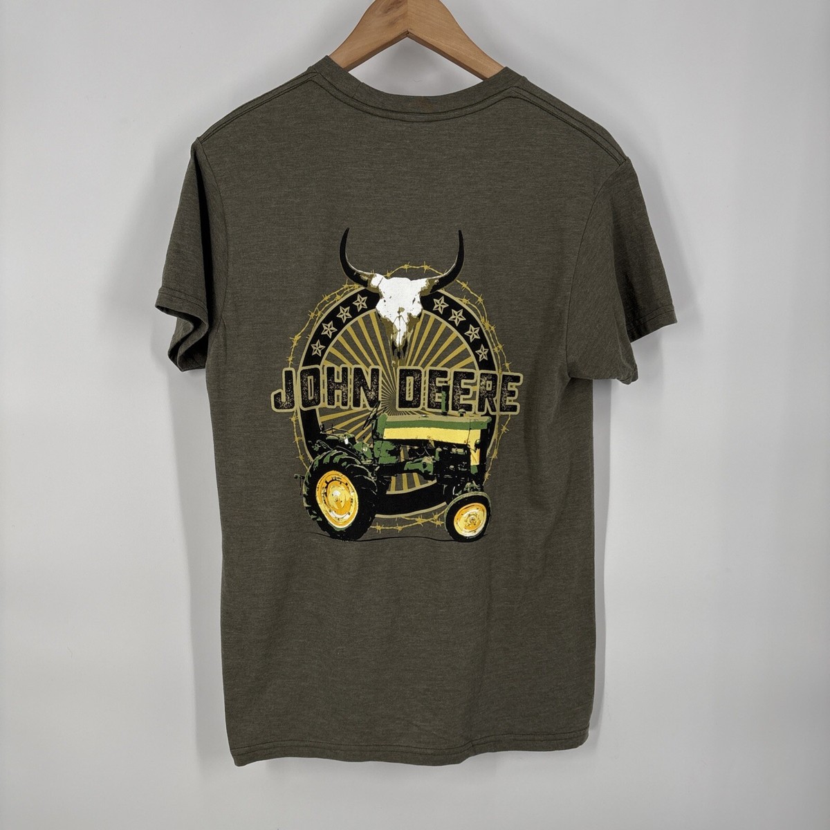 John Deere Mens T Shirt Medium Olive Green Steer Head Tractor Logo  Farmcore