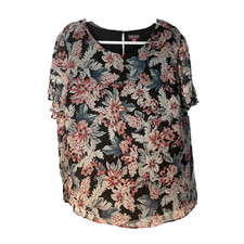 VINCE CAMUTO black pink floral semi sheer overlay slit sleeve top 2X