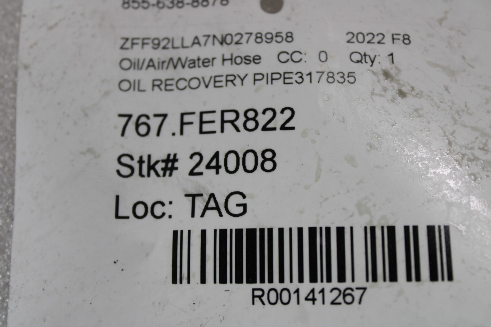 Ferrari F8 Tributo, 488, Upper Oil Tank Hose, Used, P/N 317835