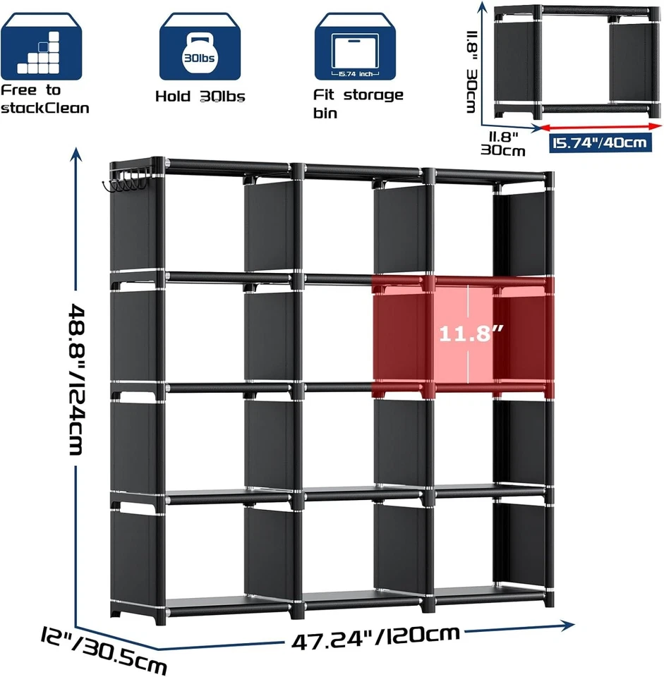 Book Shelf - 12 Cube Storage Organizer DIY Bookcase Metal Black - Image 3 of 4