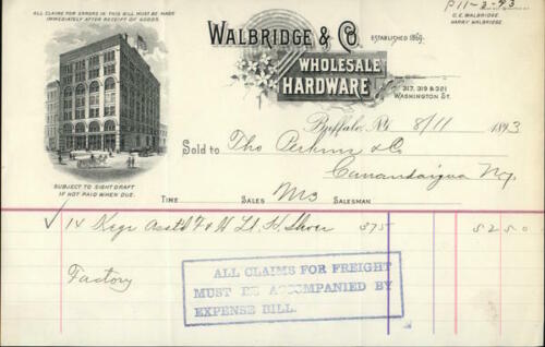 1893 Canandaigua New York (NY) Receipt Walbridge &amp; Co Wholesale Hardware Theo Pe
