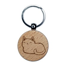 Sleepy Cat Loaf Engraved Wood Round Keychain Tag Charm