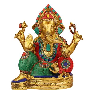 Brass Lord Ganesh Bhagwan Murti Sitting in Blessing Posture Idol with Mooshak