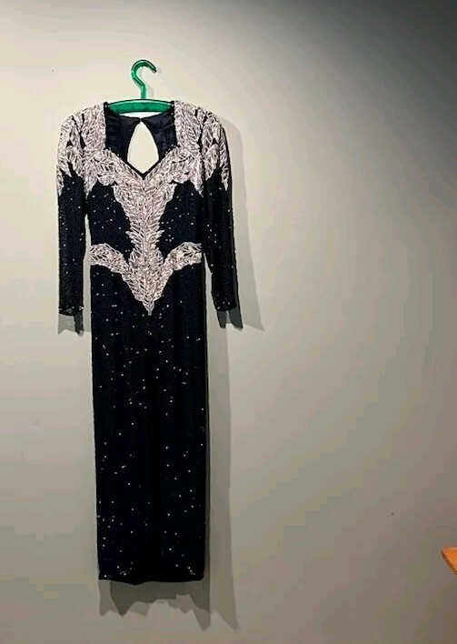 lillie rubin beaded dress Lillie Rubin Vintage Beaded Black Silk Evening Dress with Pearls main image 0