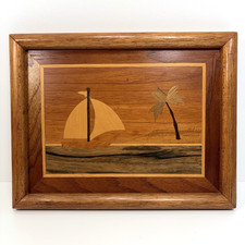 Vtg 80s Wood Inlay Marquetry Tropical Sailboat Palm Wall Decor Tray Island 10x12
