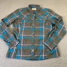 Simms Fishing Shirt Womens Large Button Up Teal Plaid Pockets Outdoor Utility