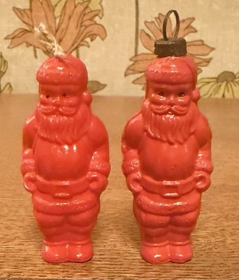 TWO Vintage 1950's Rosbro Irwin Hard Plastic Red SANTA CLAUS Christmas Ornament