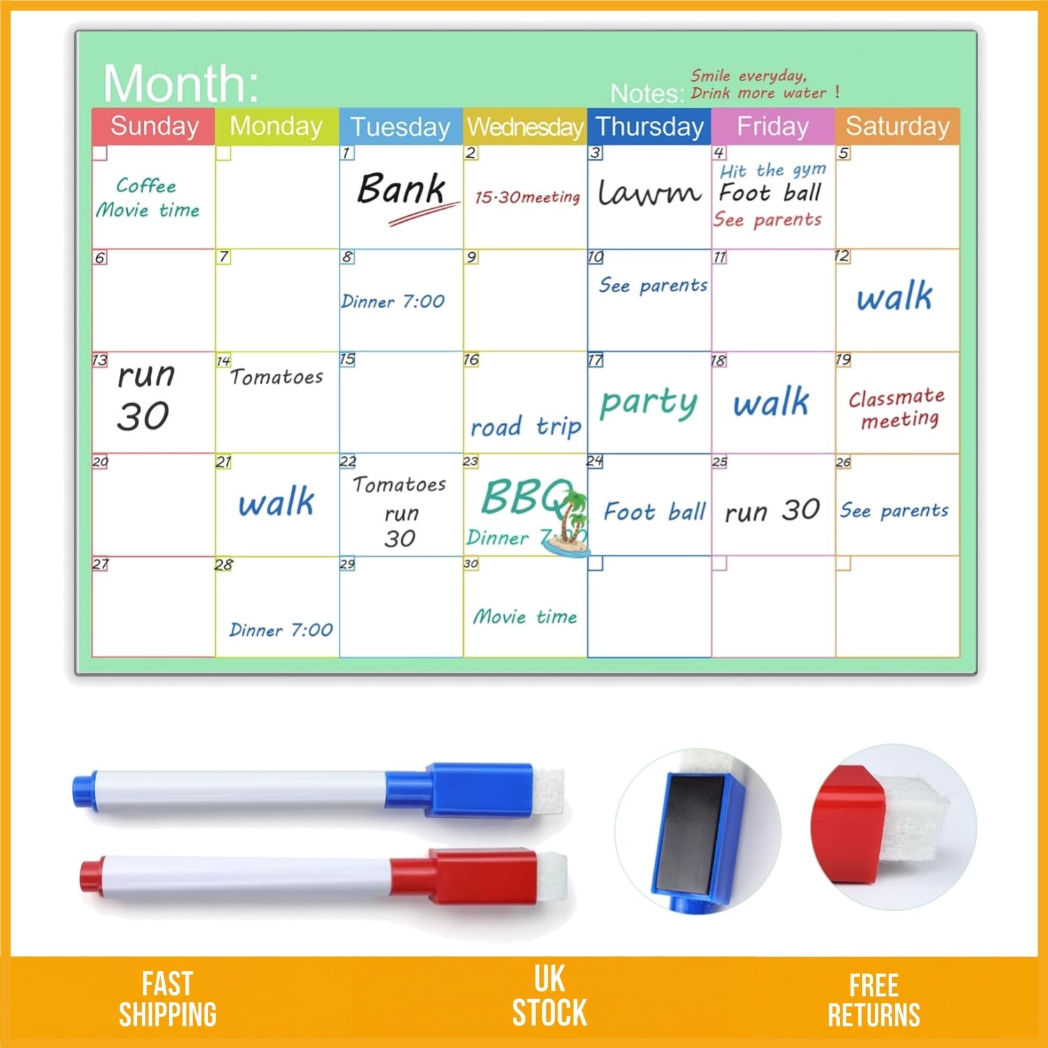 Reusable Magnetic Monthly Whiteboard Calendar A3 with 2 Markers