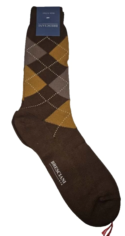 Bresciani Men’s Italian Socks Argyle Brown/Mustard/Taupe100% Cotton Size M - NWT