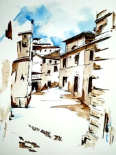 Watercolor hand painted signed   "Trastevere, Modern art on cardboard 20x30 cm