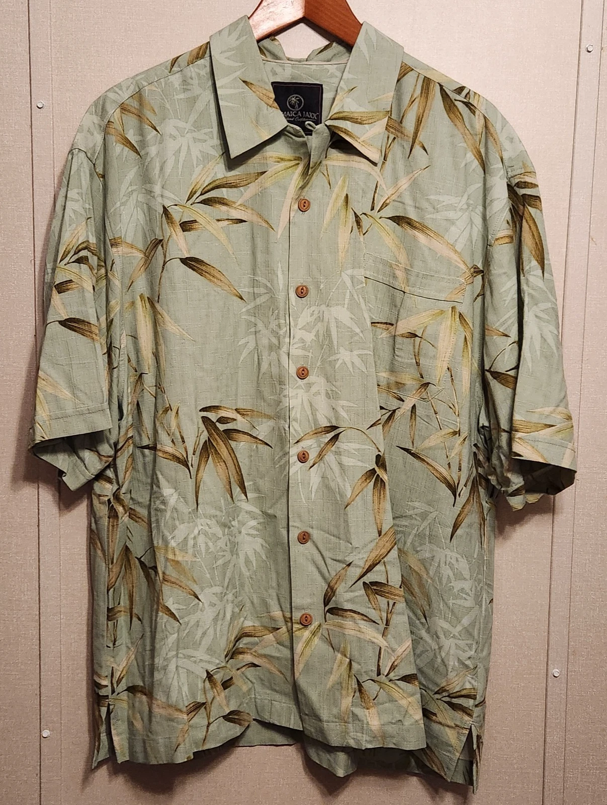Jamaica Jaxx Button-Front Green Bamboo Print 100% Silk Hawaiian Shirt XL