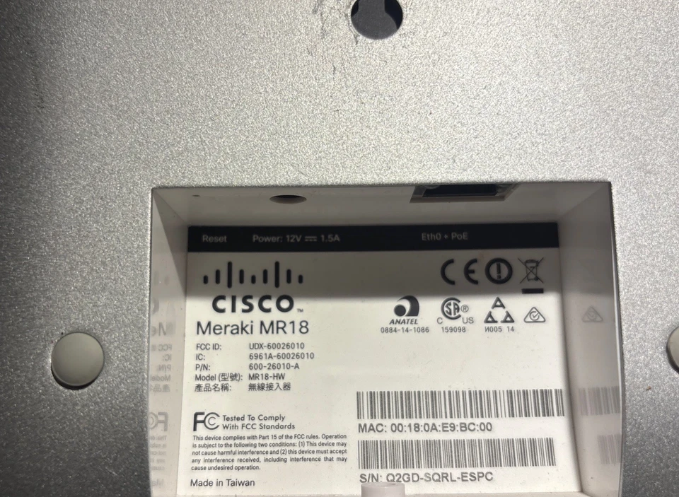 Punto de acceso inalámbrico administrado en la nube de doble banda Cisco Meraki MR18-HW PoE-sin cables Foto 4 de 4