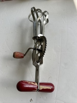 Vintage A & J Egg Beaters Red Wood Handle High Speed Super Center Drive Mixer
