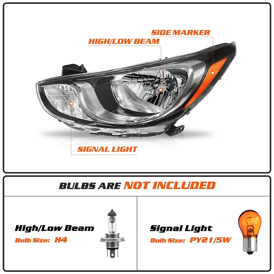 Pairs Halogen Headlights Assembly For 2012-2014 Hyundai Accent Sedan Headlamps - Image 2 of 4