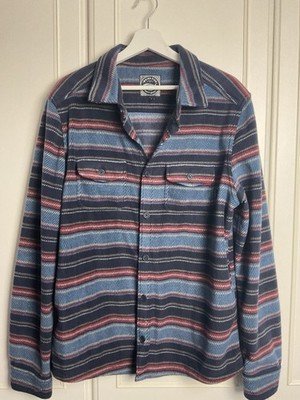 Weird Fish Fleece Overshirt Shaket Herren Größe Large blau rot gestreift weiche Taschen