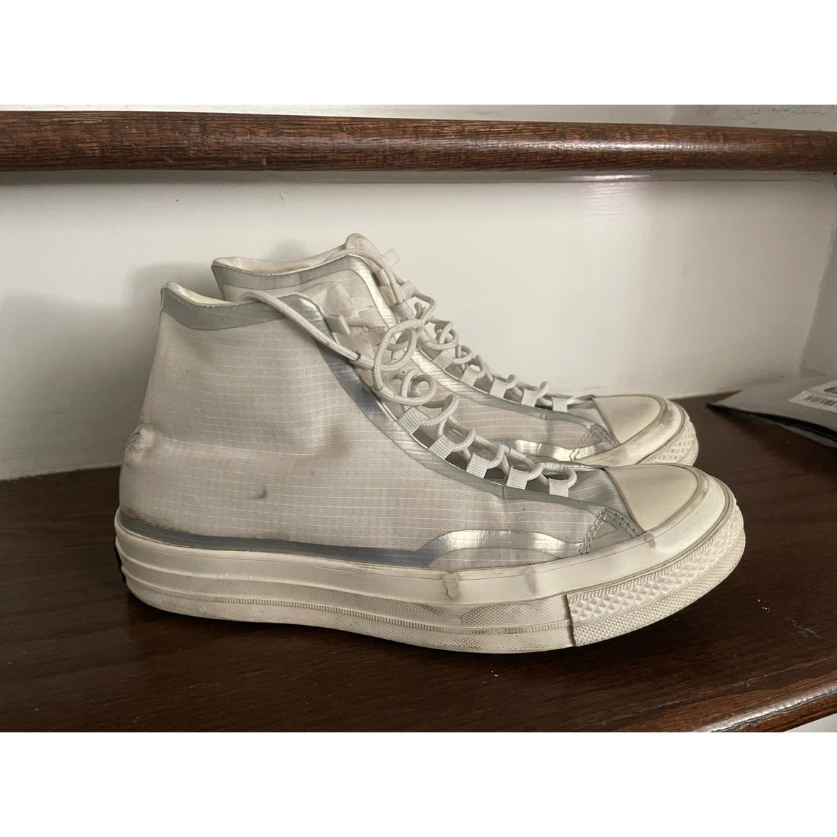 Converse Chuck Taylor 70 High Mens Sz 9 White Gray Metallic Tape Seam Shoes Used Converse Chuck 70 High Gray for Sale | Authenticity  main image 3