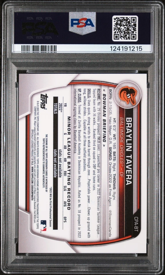 Braylin Tavera 2023 1st Bowman Chrome Yellow Refractor Prospect Autograph PSA10 - Image 2 of 2