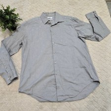 Calvin Klein Slim Fit Gray Striped Floral Print Button-Up Dress Shirt, Large