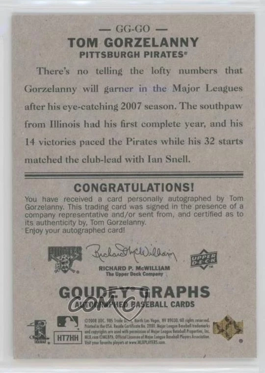 2008 Upper Deck Goudey Graphs Tom Gorzelanny #GG-GO Auto - Image 2 of 2